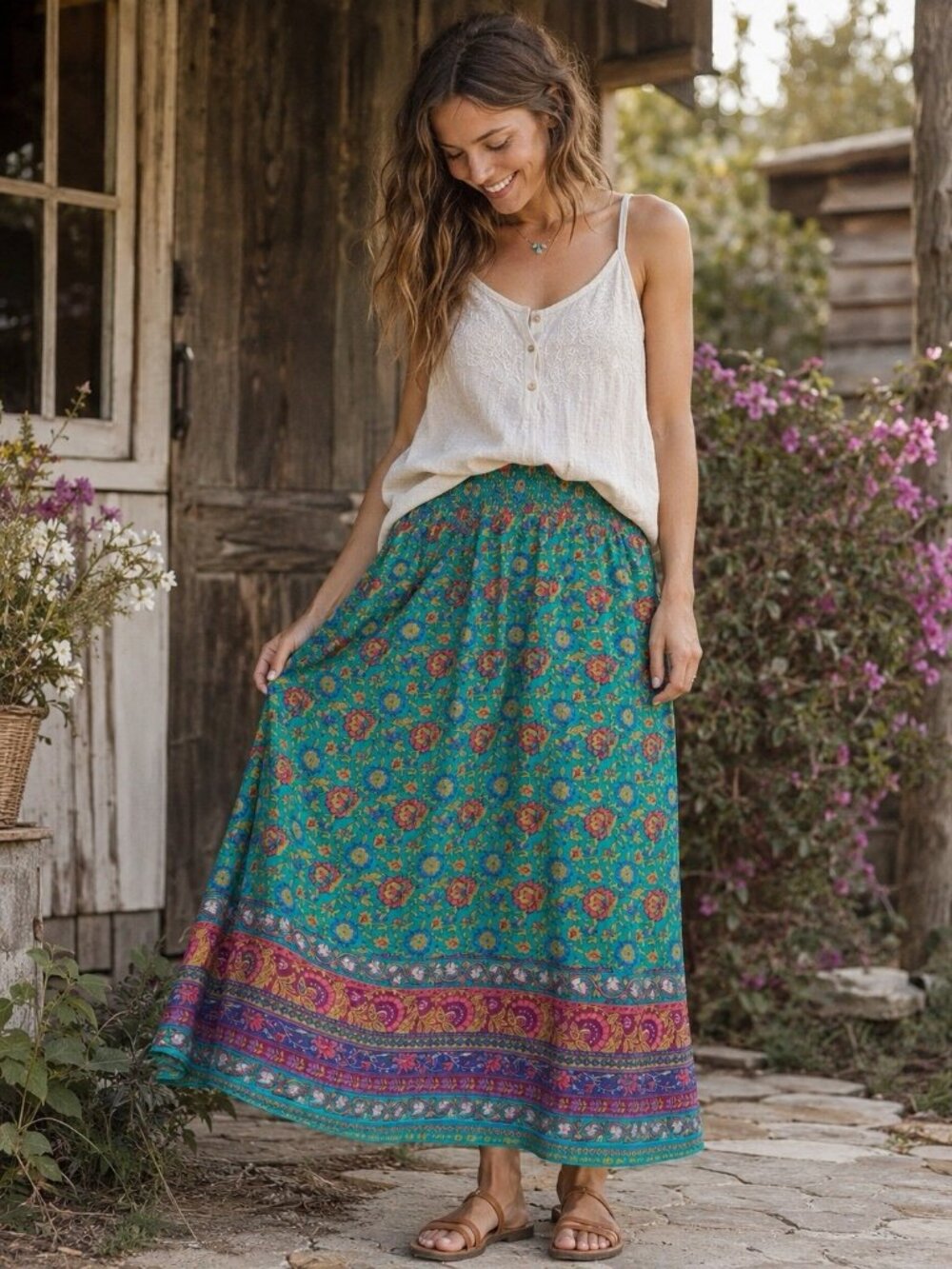 Natural Life Womens Maxi Skirt Sz Small Teal Boho Cotton Peony Floral Festival